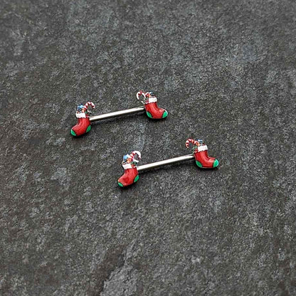 14G 9/16 Cheery Christmas Stocking Red Barbell Nipple Ring Set
