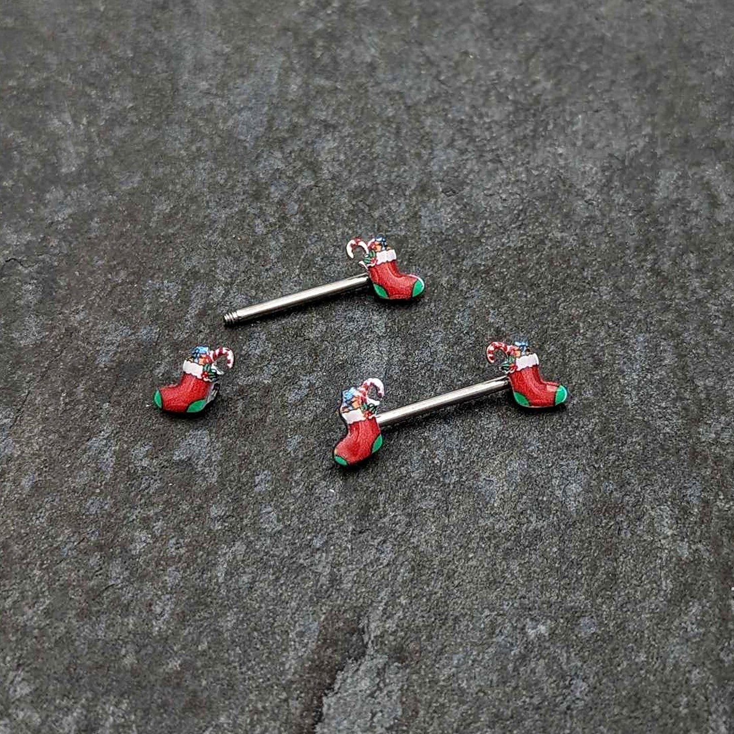 14G 9/16 Cheery Christmas Stocking Red Barbell Nipple Ring Set