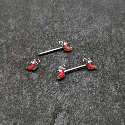 14G 9/16 Cheery Christmas Stocking Red Barbell Nipple Ring Set