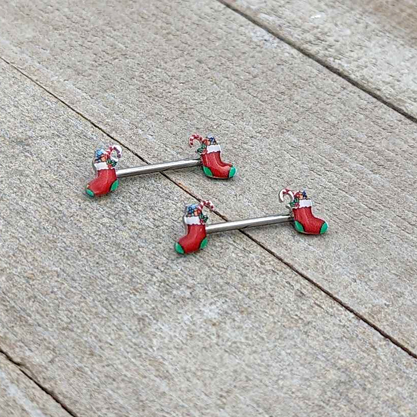 14G 9/16 Cheery Christmas Stocking Red Barbell Nipple Ring Set