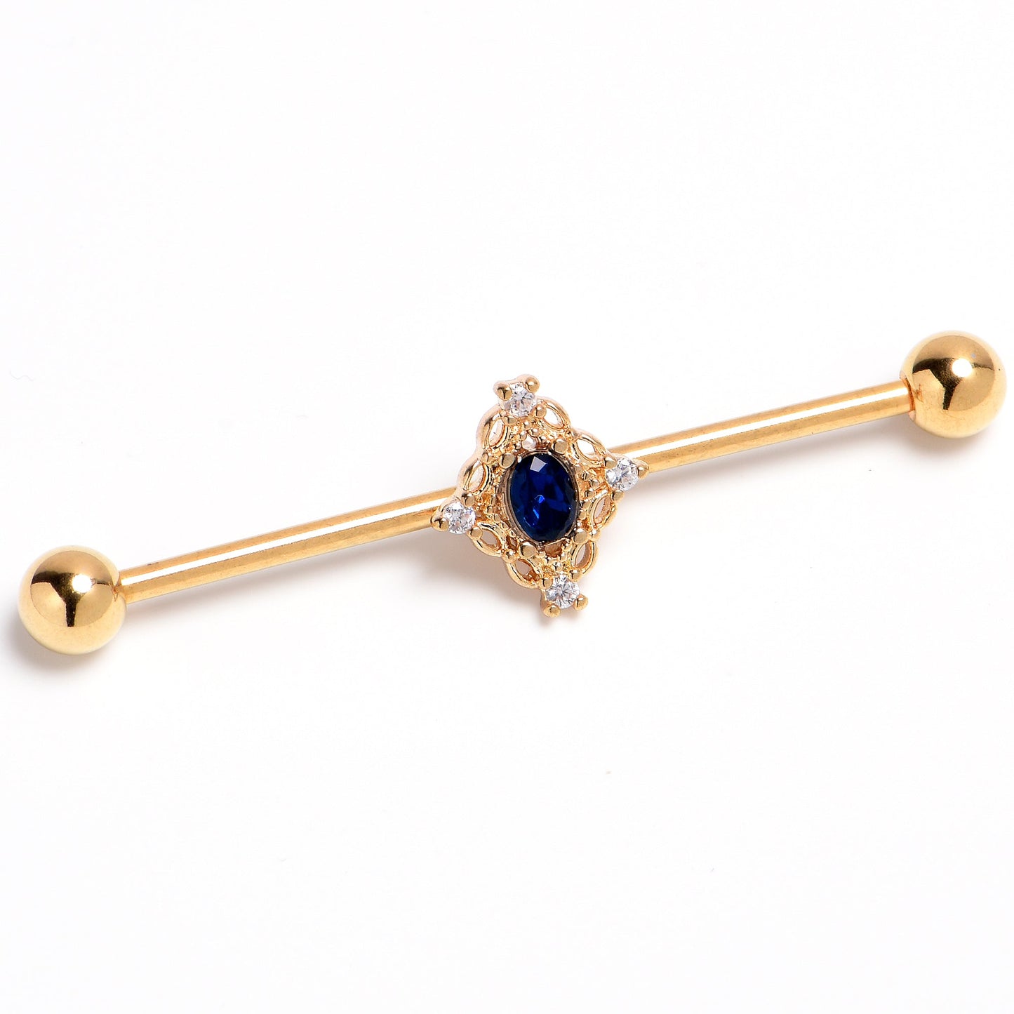 14G Blue Gem Gold Tone Filigree Rhombus Industrial Barbell 38mm