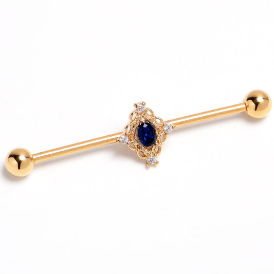 14G Blue Gem Gold Tone Filigree Rhombus Industrial Barbell 38mm