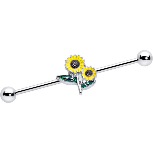 14G Cheery Inlay Sunflowers Industrial Barbell 38mm