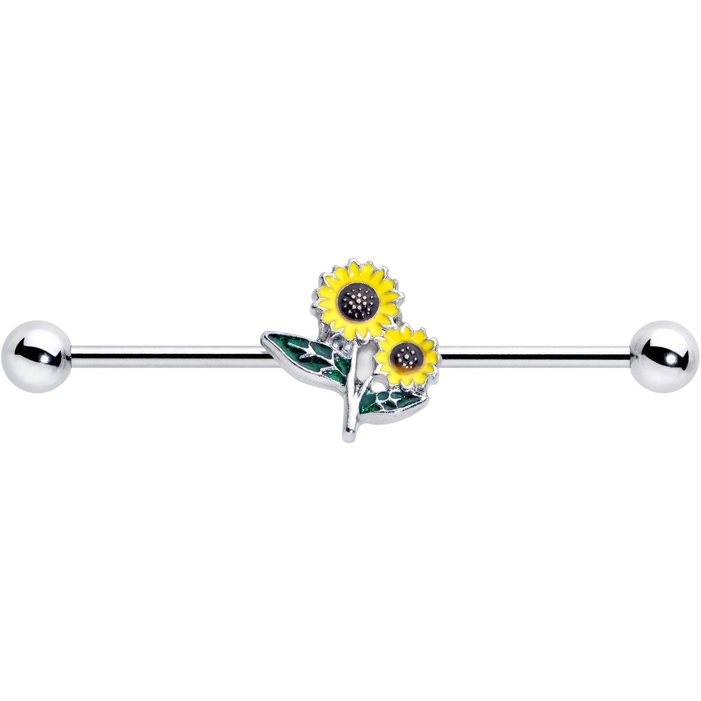 14G Cheery Inlay Sunflowers Industrial Barbell 38mm