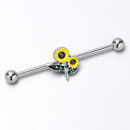 14G Cheery Inlay Sunflowers Industrial Barbell 38mm