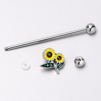 14G Cheery Inlay Sunflowers Industrial Barbell 38mm