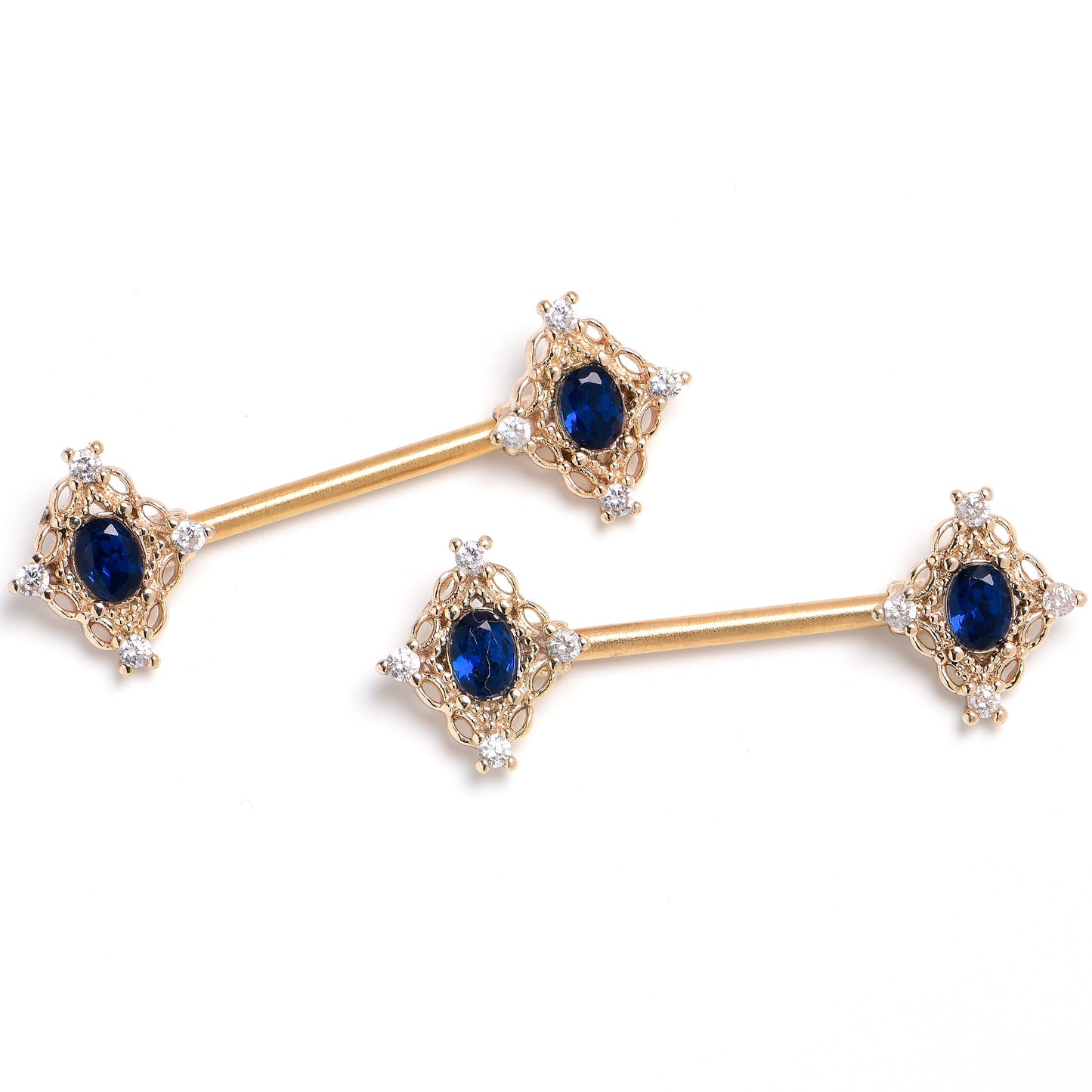 14G 5/8 Blue Gem Rich Rhombus Barbell Nipple Ring Set