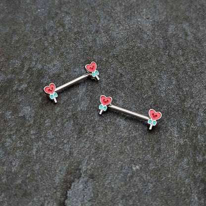 14G 9/16 Sweet Happy Heart Lollipop Barbell Nipple Ring Set