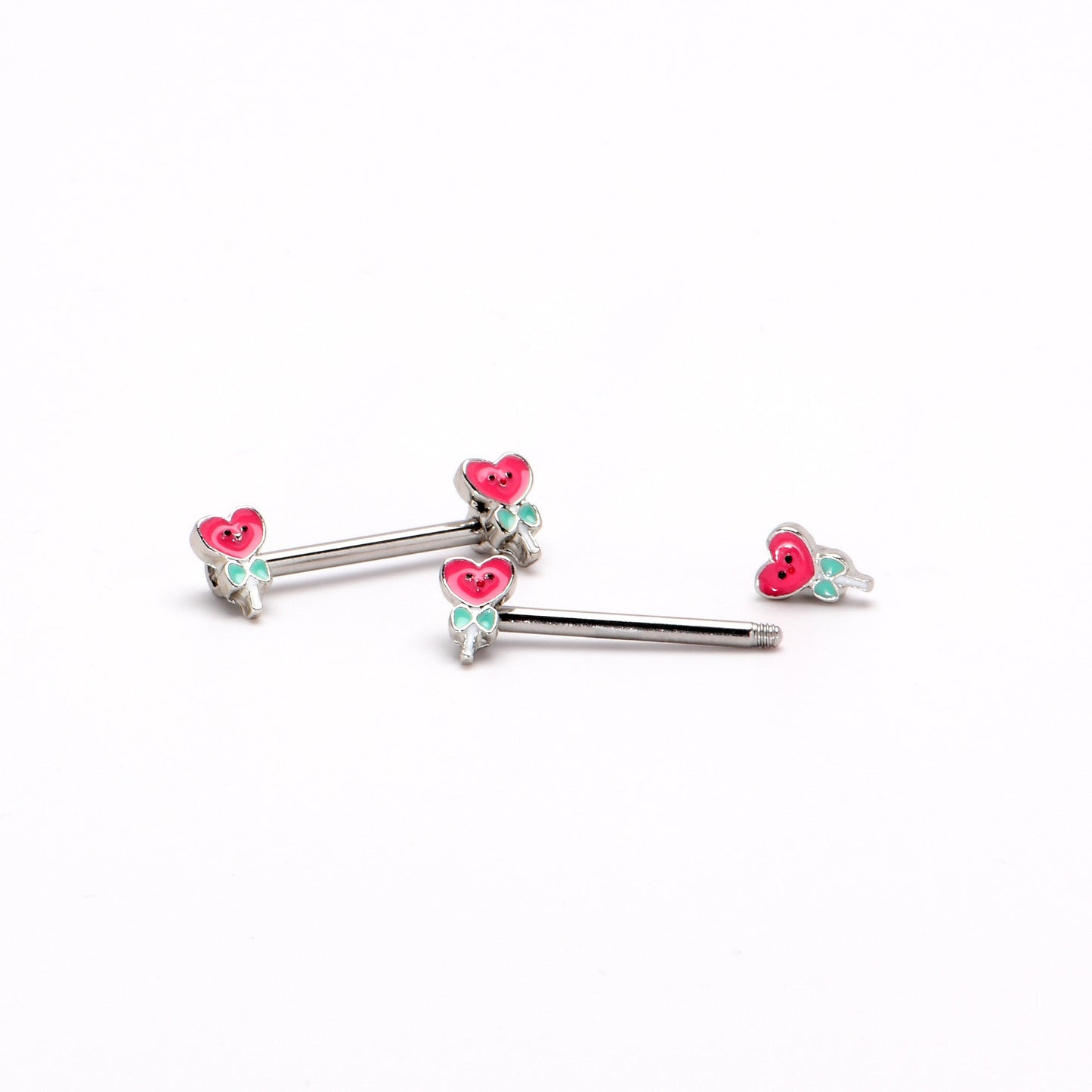 14G 9/16 Sweet Happy Heart Lollipop Barbell Nipple Ring Set
