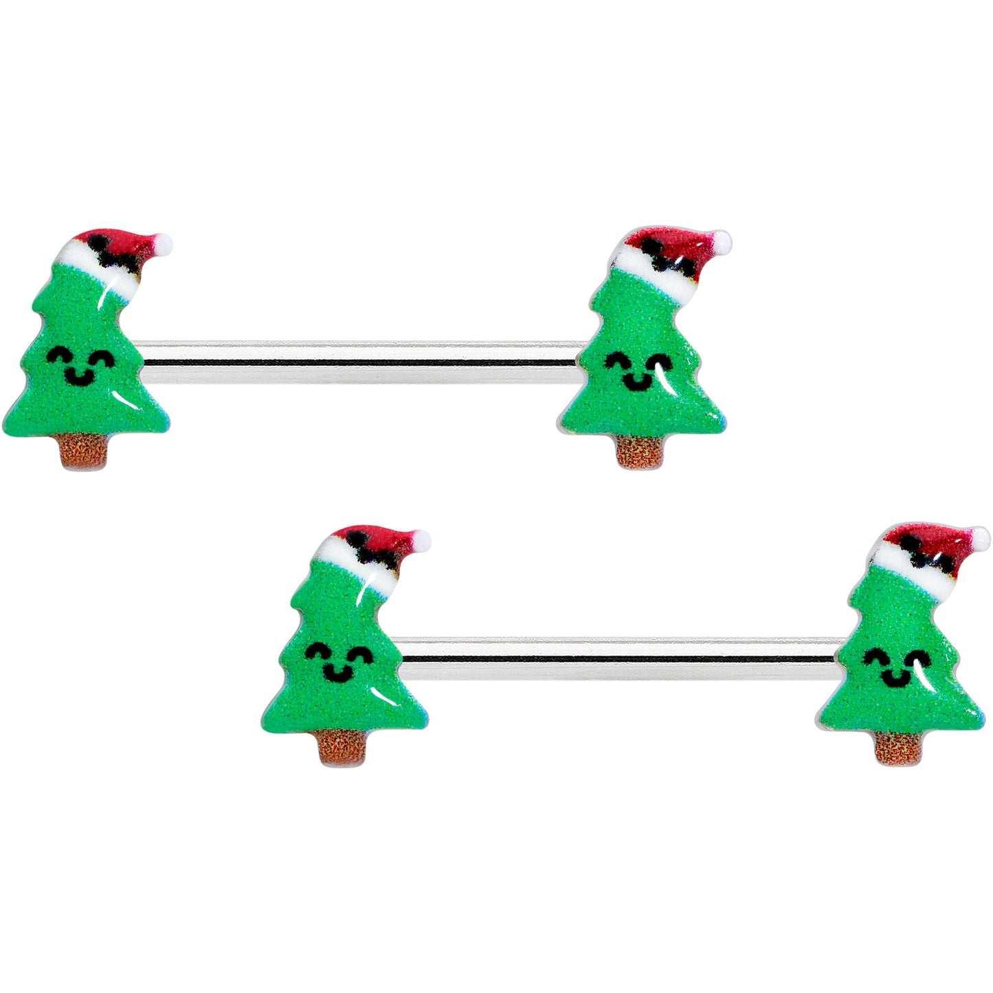 14G 9/16 Happy Christmas Tree Hat Barbell Nipple Ring Set
