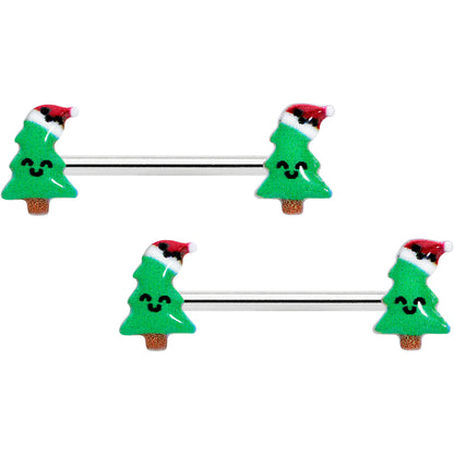 14G 9/16 Happy Christmas Tree Hat Barbell Nipple Ring Set