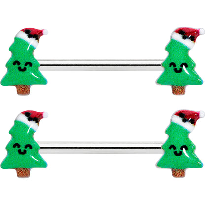 14G 9/16 Happy Christmas Tree Hat Barbell Nipple Ring Set