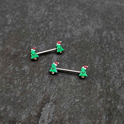14G 9/16 Happy Christmas Tree Hat Barbell Nipple Ring Set