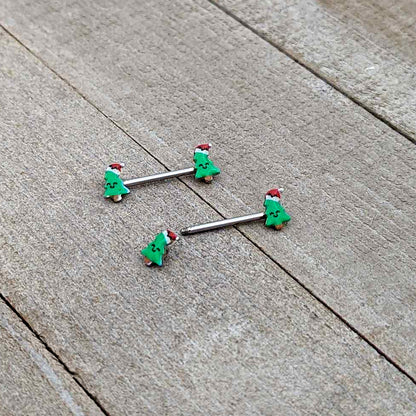 14G 9/16 Happy Christmas Tree Hat Barbell Nipple Ring Set