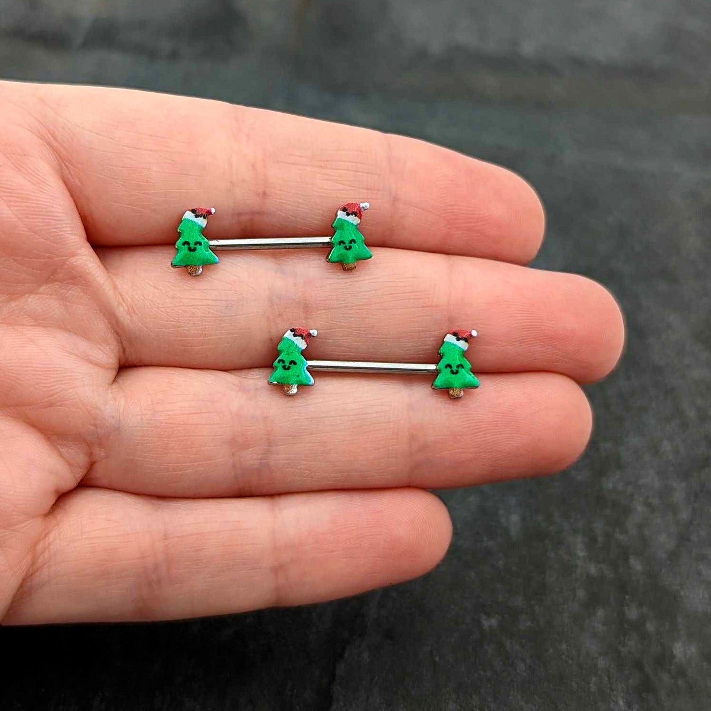 14G 9/16 Happy Christmas Tree Hat Barbell Nipple Ring Set