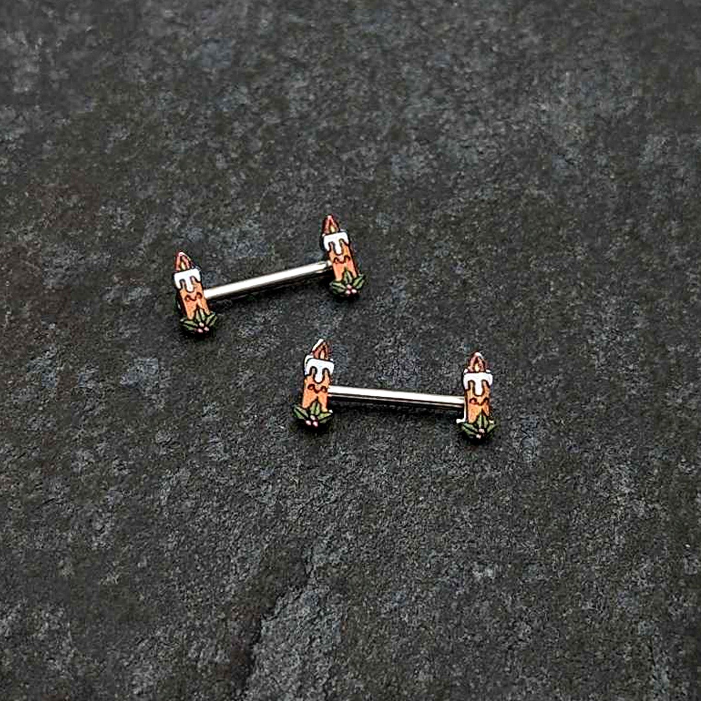 14G 9/16 Sweet Holiday Christmas Candle Barbell Nipple Ring Set