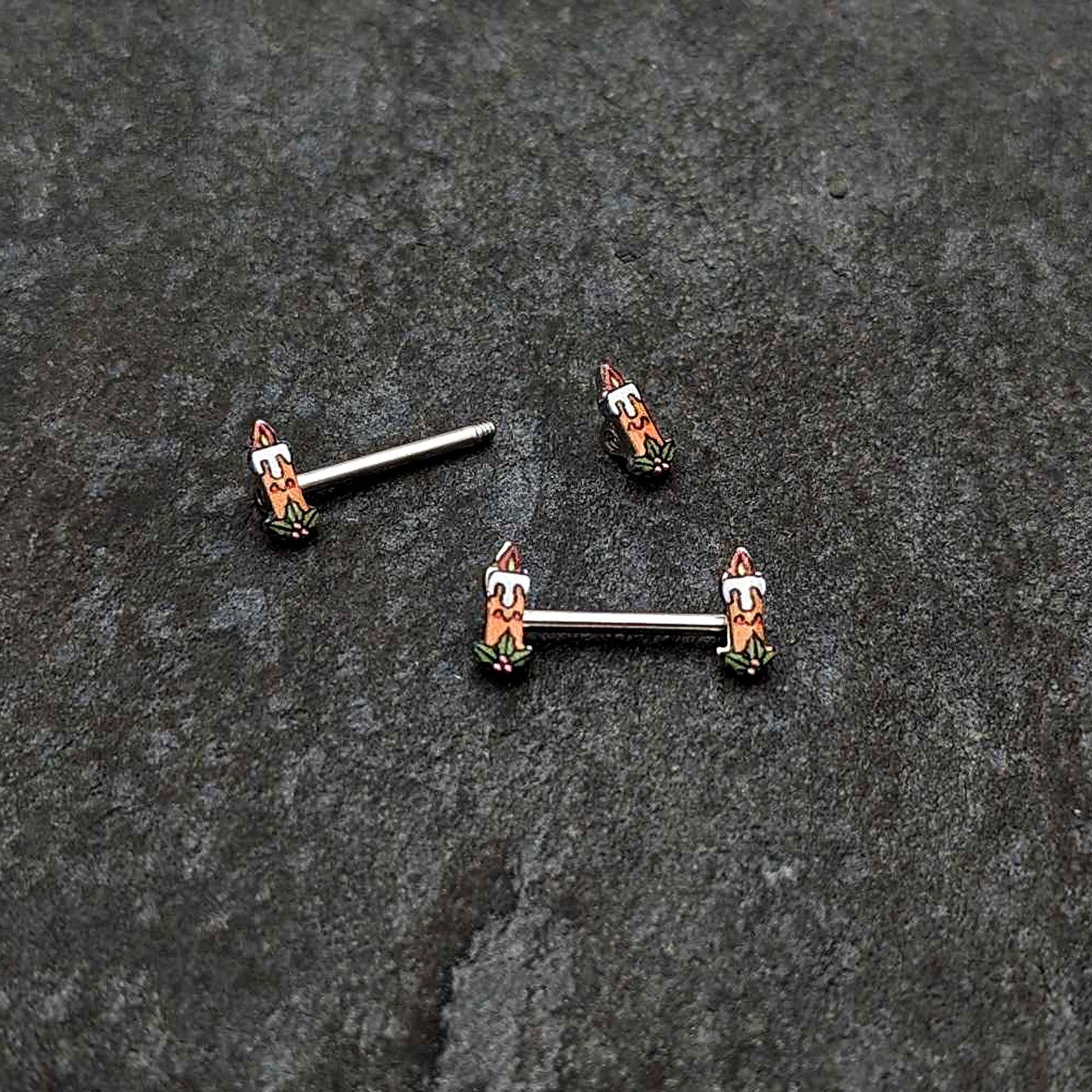 14G 9/16 Sweet Holiday Christmas Candle Barbell Nipple Ring Set