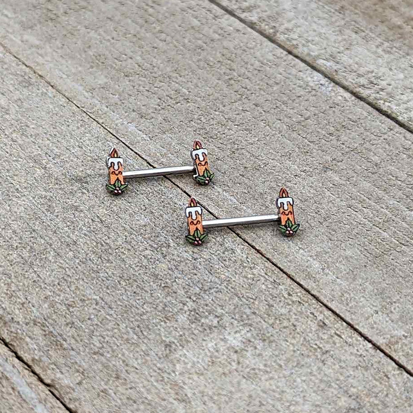 14G 9/16 Sweet Holiday Christmas Candle Barbell Nipple Ring Set