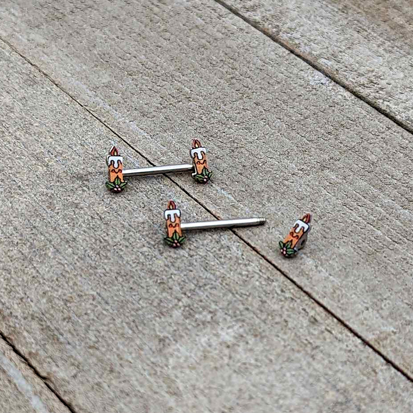 14G 9/16 Sweet Holiday Christmas Candle Barbell Nipple Ring Set