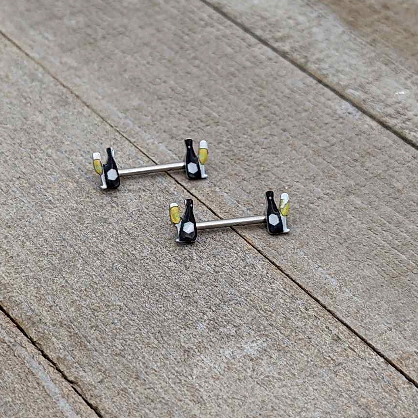 14G 9/16 Champagne Bottle Flute Yellow Barbell Nipple Ring Set