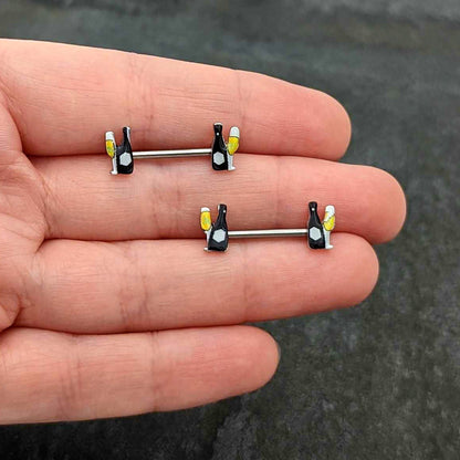 14G 9/16 Champagne Bottle Flute Yellow Barbell Nipple Ring Set
