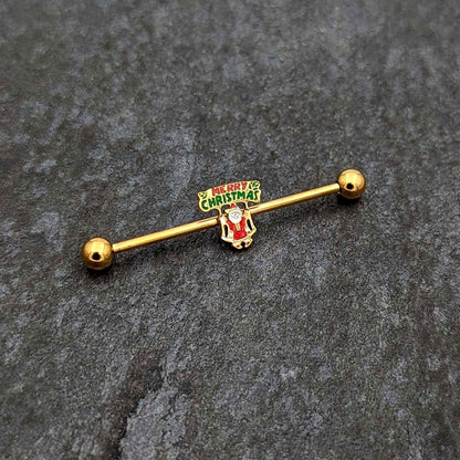 14G Gold Hue Merry Christmas Santa Inlaid Industrial Barbell 38mm
