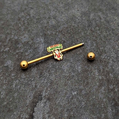 14G Gold Hue Merry Christmas Santa Inlaid Industrial Barbell 38mm
