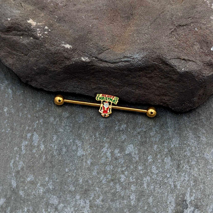 14G Gold Hue Merry Christmas Santa Inlaid Industrial Barbell 38mm