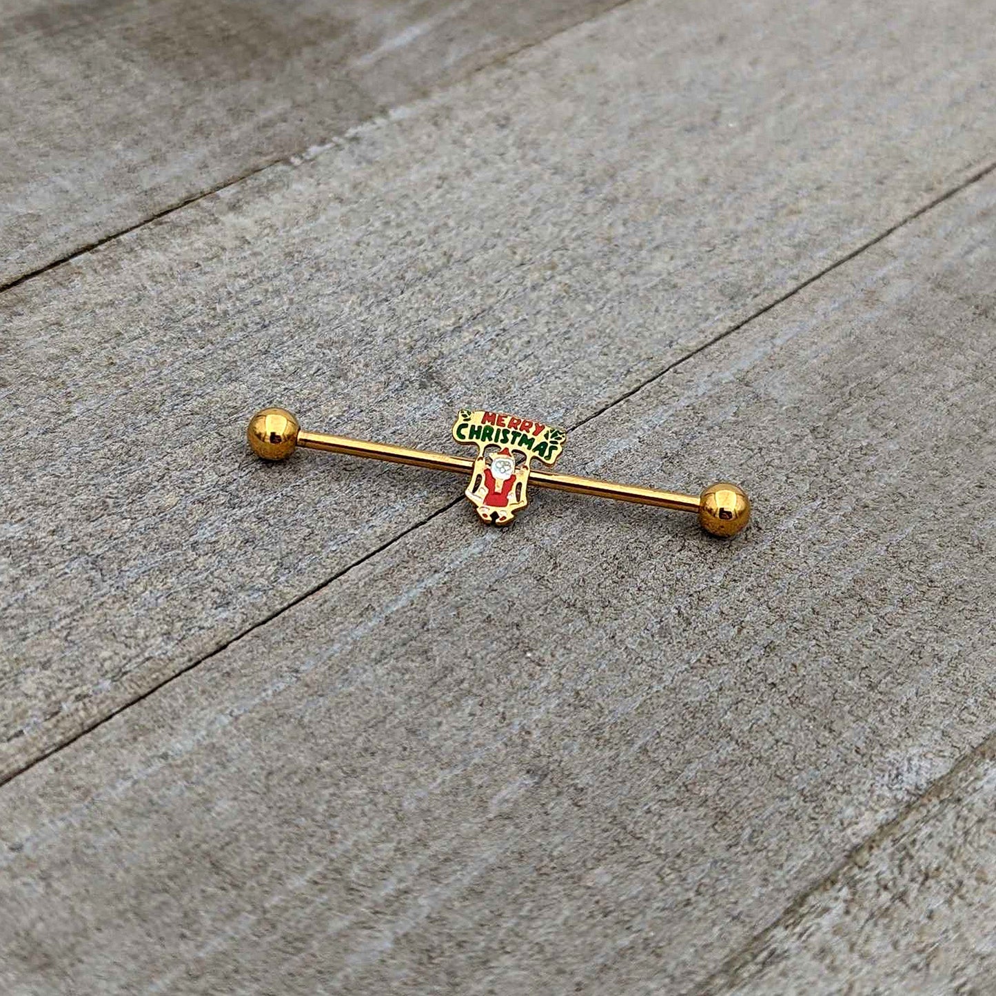 14G Gold Hue Merry Christmas Santa Inlaid Industrial Barbell 38mm
