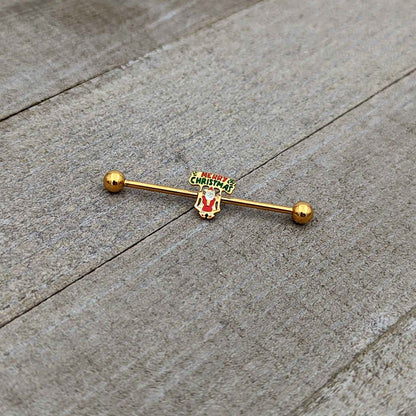 14G Gold Hue Merry Christmas Santa Inlaid Industrial Barbell 38mm
