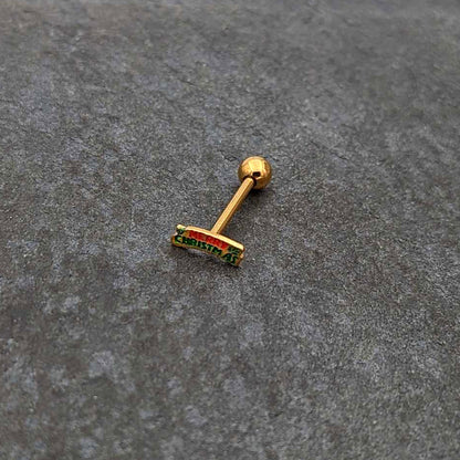 Gold Tone Merry Christmas Inlaid Red Green Barbell Tongue Ring