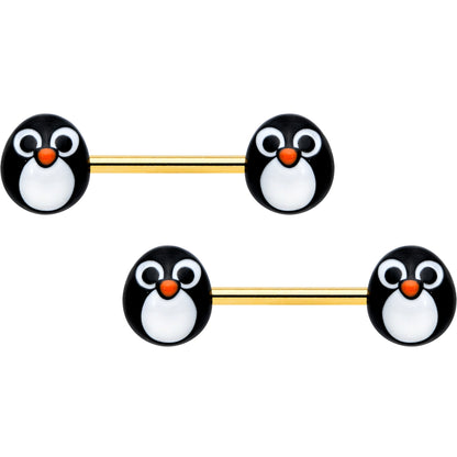 14G 9/16 Gold Tone Round Penguin Face Barbell Nipple Ring Set
