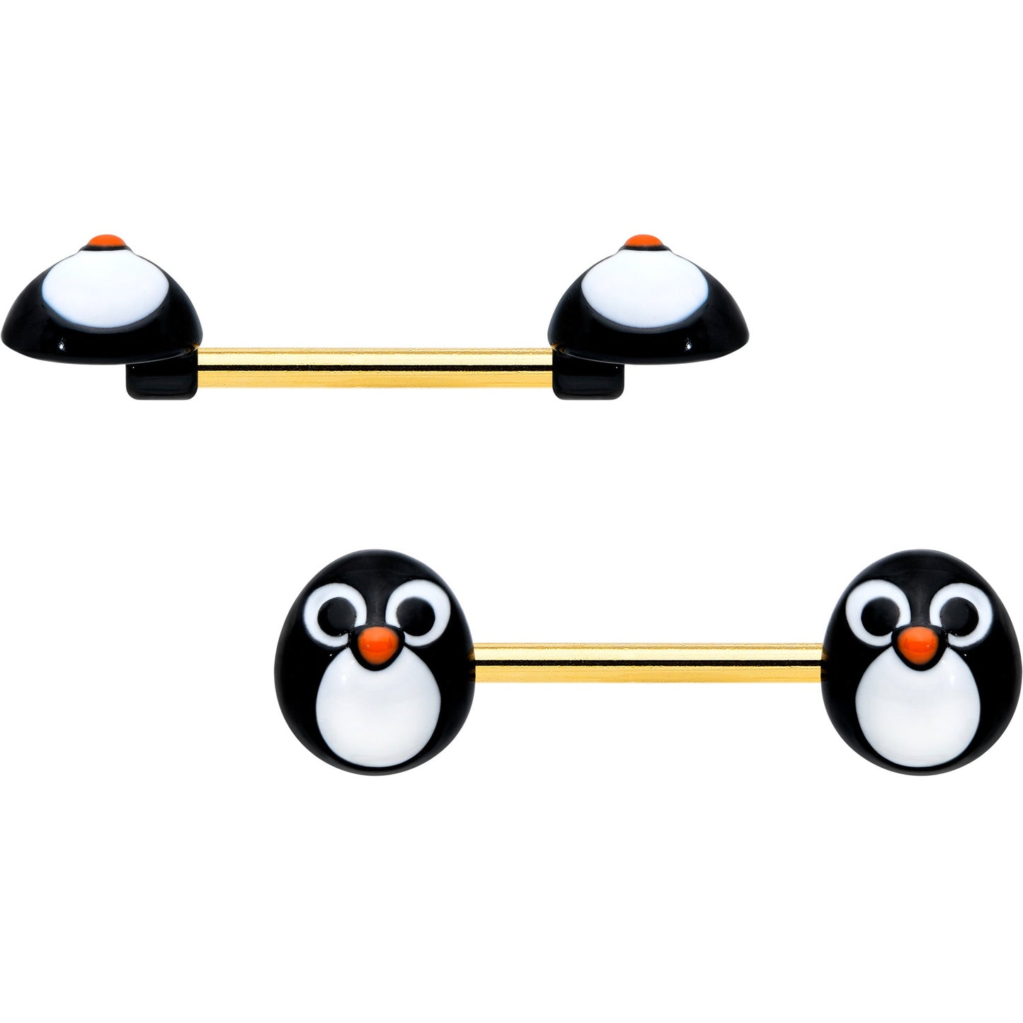 14G 9/16 Gold Tone Round Penguin Face Barbell Nipple Ring Set