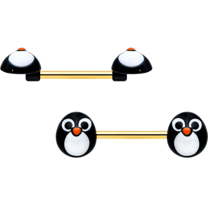 14G 9/16 Gold Tone Round Penguin Face Barbell Nipple Ring Set
