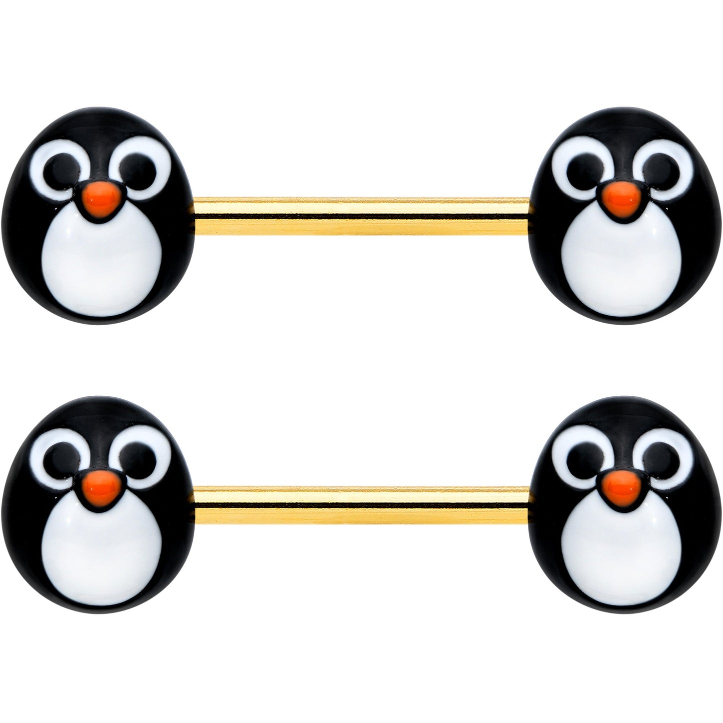 14G 9/16 Gold Tone Round Penguin Face Barbell Nipple Ring Set