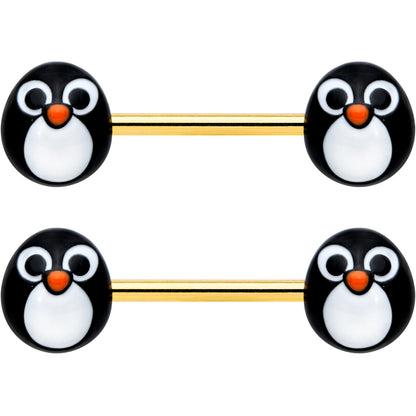 14G 9/16 Gold Tone Round Penguin Face Barbell Nipple Ring Set
