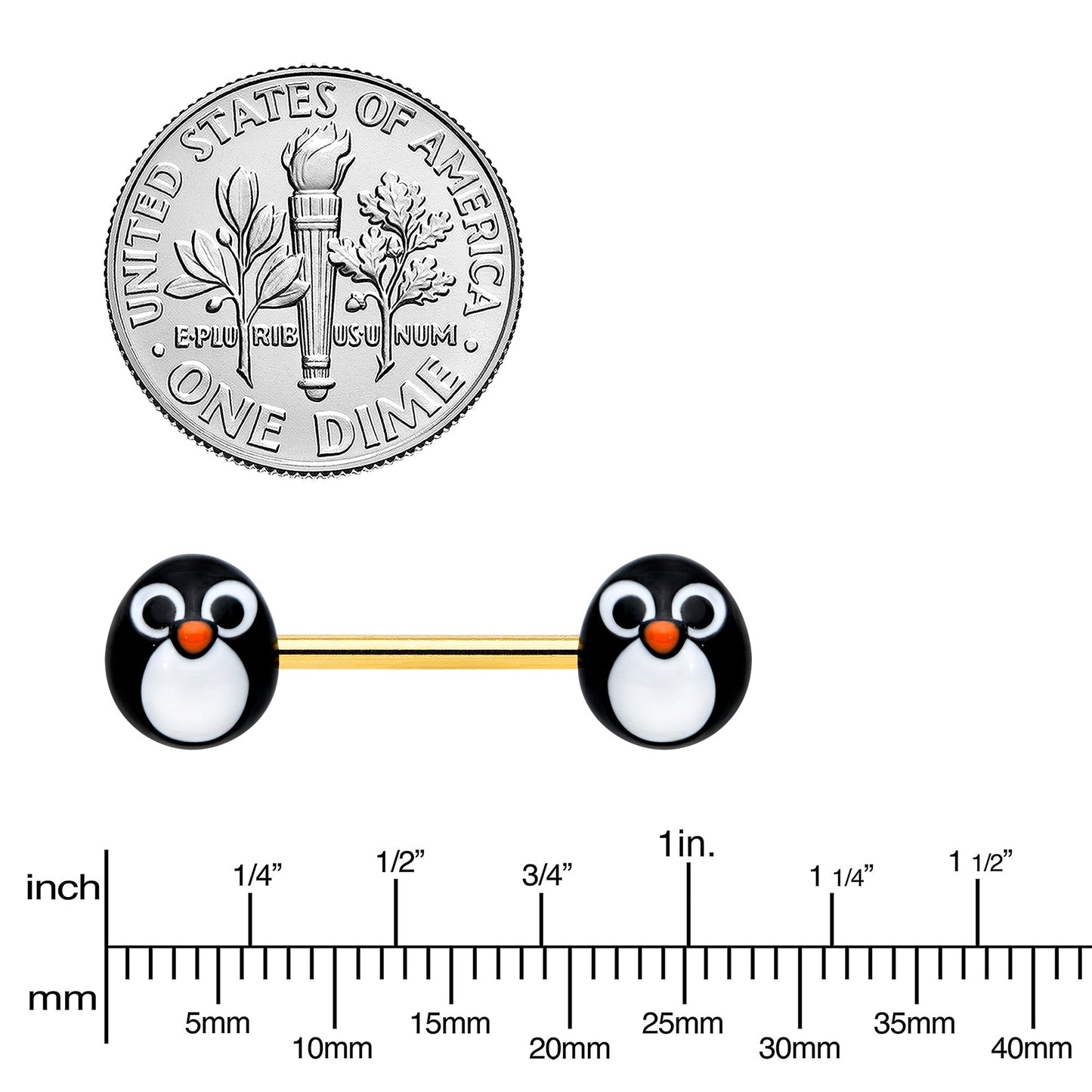 14G 9/16 Gold Tone Round Penguin Face Barbell Nipple Ring Set