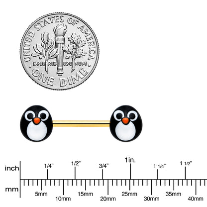 14G 9/16 Gold Tone Round Penguin Face Barbell Nipple Ring Set