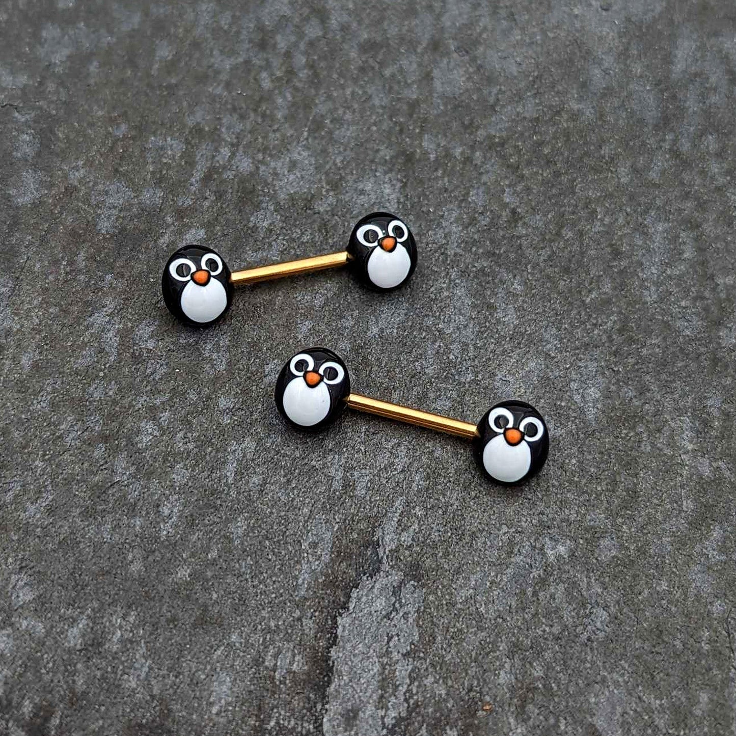 14G 9/16 Gold Tone Round Penguin Face Barbell Nipple Ring Set