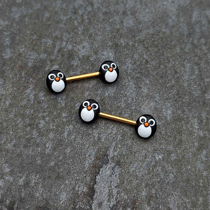 14G 9/16 Gold Tone Round Penguin Face Barbell Nipple Ring Set