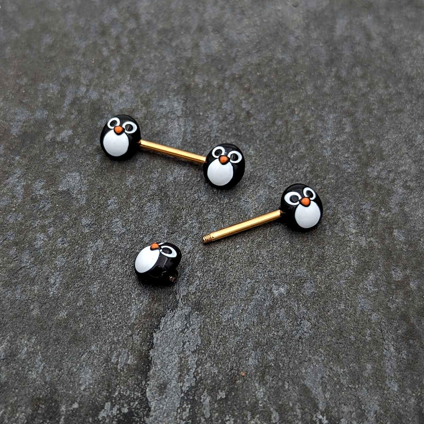 14G 9/16 Gold Tone Round Penguin Face Barbell Nipple Ring Set