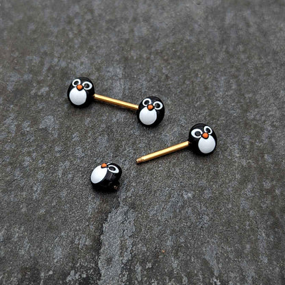 14G 9/16 Gold Tone Round Penguin Face Barbell Nipple Ring Set