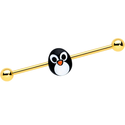 14G Gold Tone Round Penguin Face Holiday Industrial Barbell 38mm