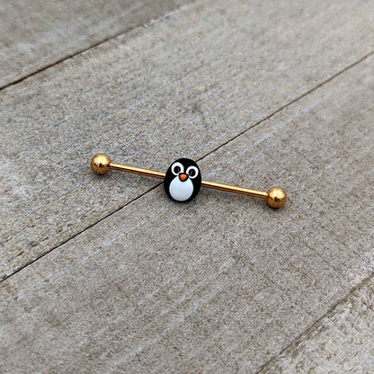 14G Gold Tone Round Penguin Face Holiday Industrial Barbell 38mm
