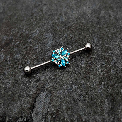 14G Blue CZ Gem Ornate Snowflake Industrial Barbell 38mm