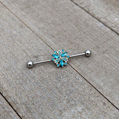 14G Blue CZ Gem Ornate Snowflake Industrial Barbell 38mm