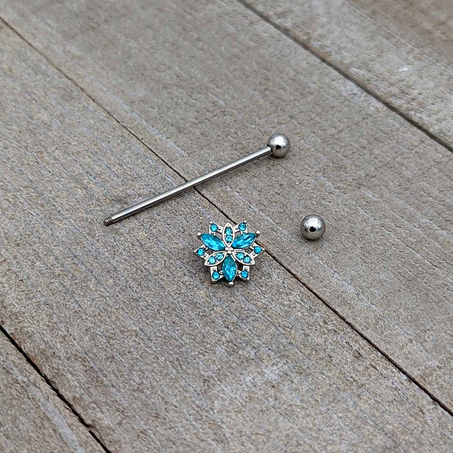 14G Blue CZ Gem Ornate Snowflake Industrial Barbell 38mm