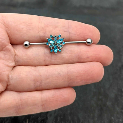 14G Blue CZ Gem Ornate Snowflake Industrial Barbell 38mm