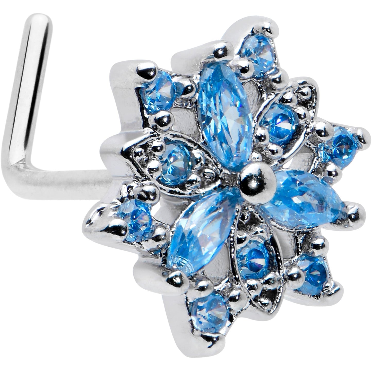 20G 7mm Blue CZ Gem Snowflake Blues L Shape Nose Ring