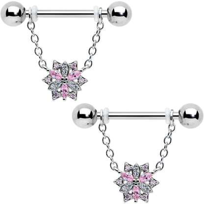 14G 9/16 Pink Clear CZ Gem Snowflake Chain Dangle Nipple Ring Set